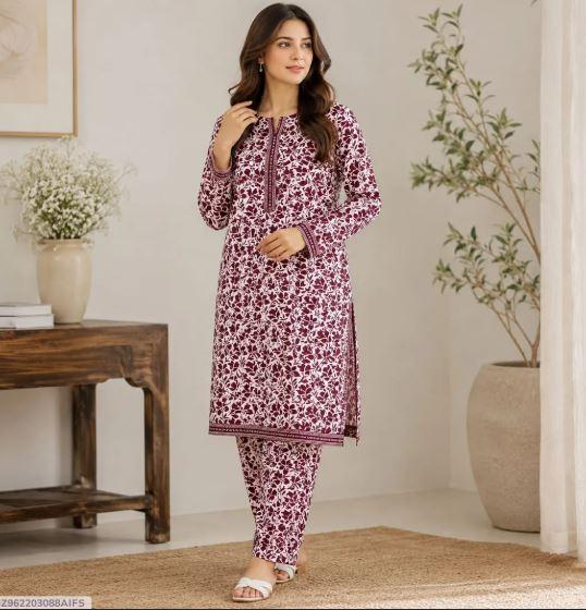 Women Maroon Printed 2 Piece Unstitched Suit in Polo Cotton | Ladies Dress for Sale in Lahore