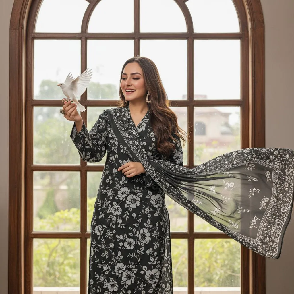 Black Floral Kurta Set with Grey Pants & Scarf