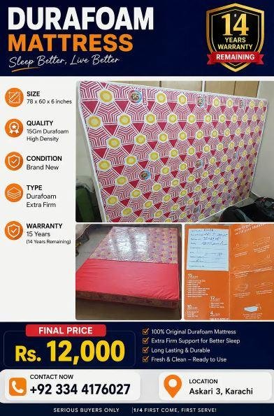 Durafoam Mattress 78x60x6 for Sale in Karachi | Brand New with 14 Years Warranty