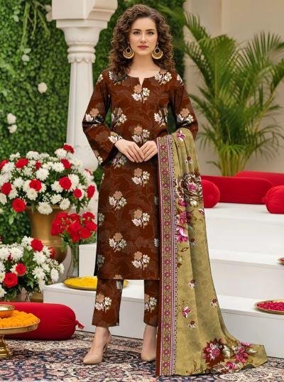 Women’s Brown Printed 3 Piece Lawn Suit with Printed Dupatta – Elegant Summer Wear Dress in Lahore | Rs. 3400