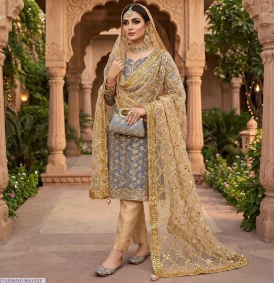 Grey Chiffon Embroidered Unstitched 3 Piece Suit with Khussa & Clutch for Sale in Lahore – Rs. 4,400