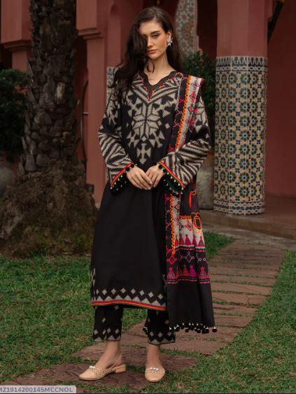 Black Swiss Lawn 3 Piece Digital Print Kurta Set for Women with Dobby Lawn Dupatta – Unstitched Summer Suit