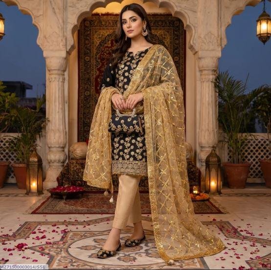 Black Chiffon Embroidered Unstitched 3 Piece Suit with Khussa & Clutch for Sale in Lahore – Rs. 4,300
