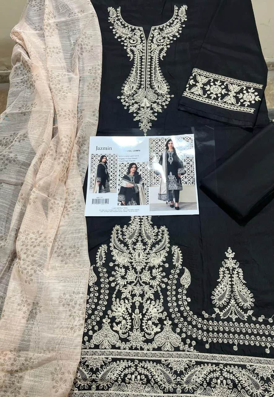 Black Embroidered Kurta Set with Beige Shawl for Women