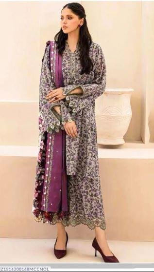 Grey Swiss Lawn 3 Piece Printed Suit with Dobby Lawn Dupatta – Rs. 3,500