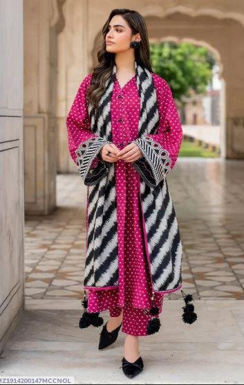 Pink Swiss Lawn 3 Piece Printed Suit with Dobby Lawn Dupatta – Rs. 3,540
