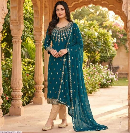 Blue Chiffon Embroidered Unstitched 3 Piece Suit with Wool Shawl for Sale in Lahore – Rs. 4,300