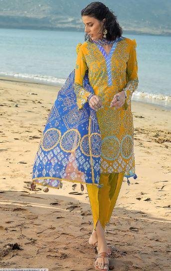 Golden Printed 3 Piece Women’s Lawn Suit with Printed Dupatta – Stylish Summer Wear Dress in Lahore | Rs. 3500