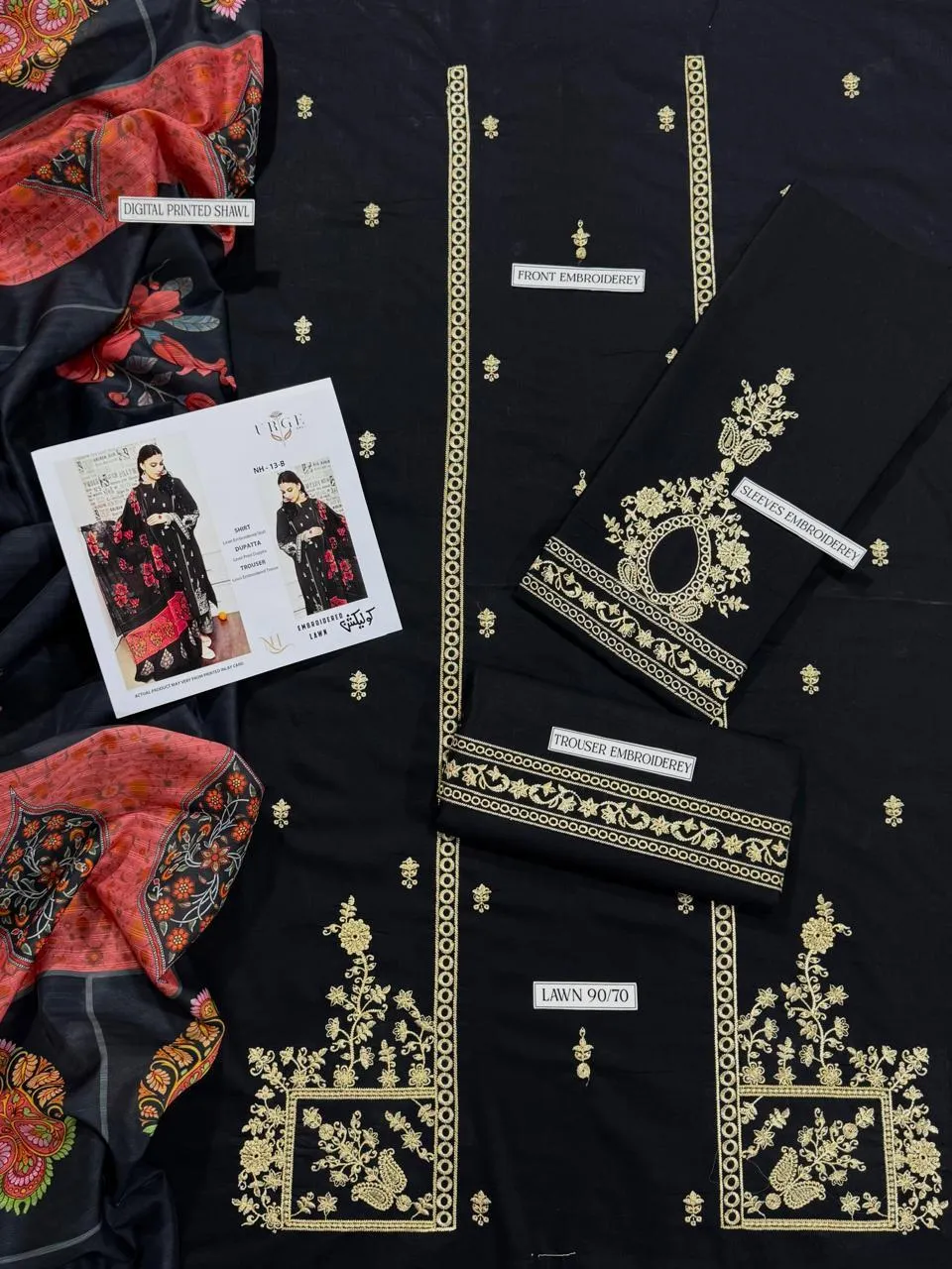 Black Printed Lawn Suit with Red Embroidery