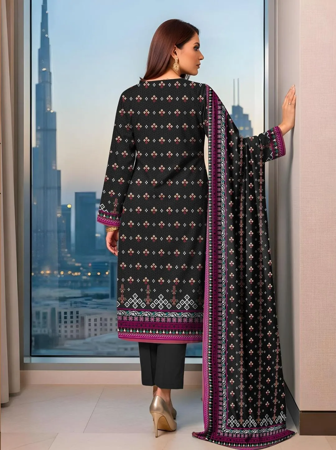 Black Printed 3 Pcs Women's Dobby Lawn Suit
