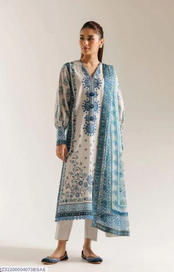 3 Pcs Women's Unstitched Printed Lawn Suit with Dupatta – Blue Summer Dress for Women in Lahore | Stylish Lawn Collection