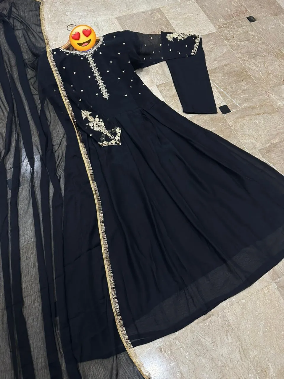 Black Embroidered Chiffon Maxi Dress Set for Women