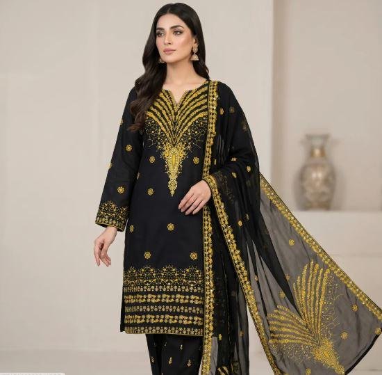 Black Embroidered 3 Piece Women’s Cotton Lawn Suit with Chiffon Dupatta – Elegant Eid Party Wear in Lahore | Rs. 4200