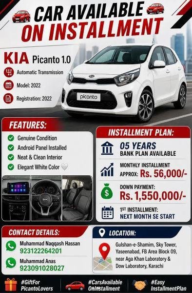 KIA Picanto Automatic 2022 on Installment for Sale in Karachi – Bank Lease Car Available