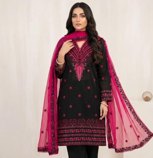 Black Embroidered 3 Piece Women’s Cotton Lawn Suit with Chiffon Dupatta – Eid Party Wear Dress in Lahore | Rs. 4400