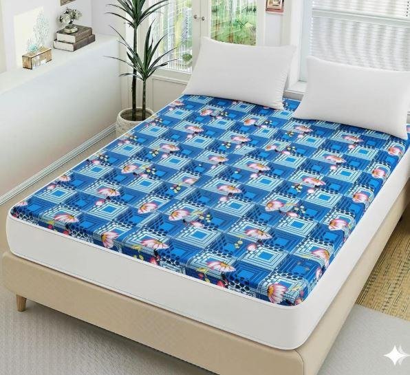 Cotton Printed Blue Double Bed Mattress Cover for Sale in Lahore | Waterproof & Durable