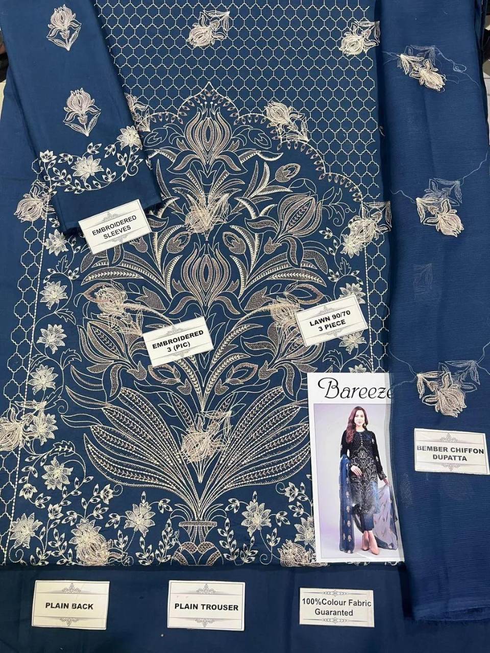3-Piece Embroidered Blue Lawn Suit for Eid