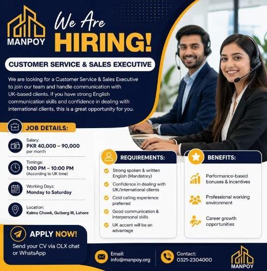 Customer Service & Sales Executive Jobs in Lahore for UK Clients – Salary 40K to 90K