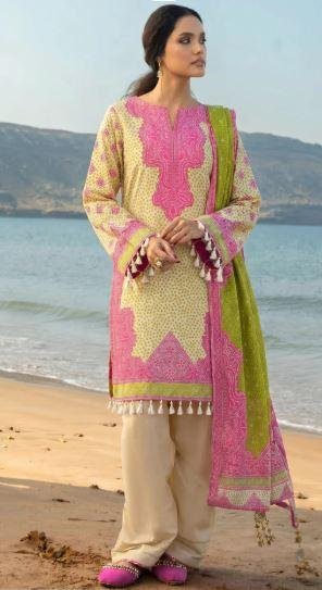 Golden Printed 3 Piece Women’s Lawn Suit with Printed Dupatta – Stylish Summer Wear Dress in Lahore | Rs. 3500
