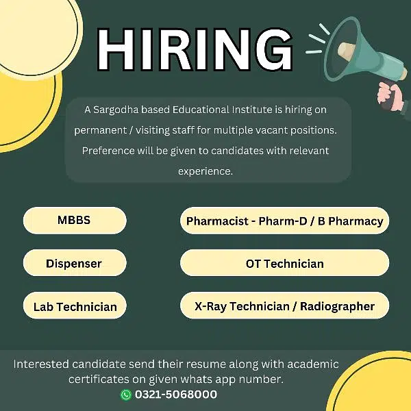 Hiring, MBBS, Lab Technician, OT Technician, X-Ray, Pharmacist D/B