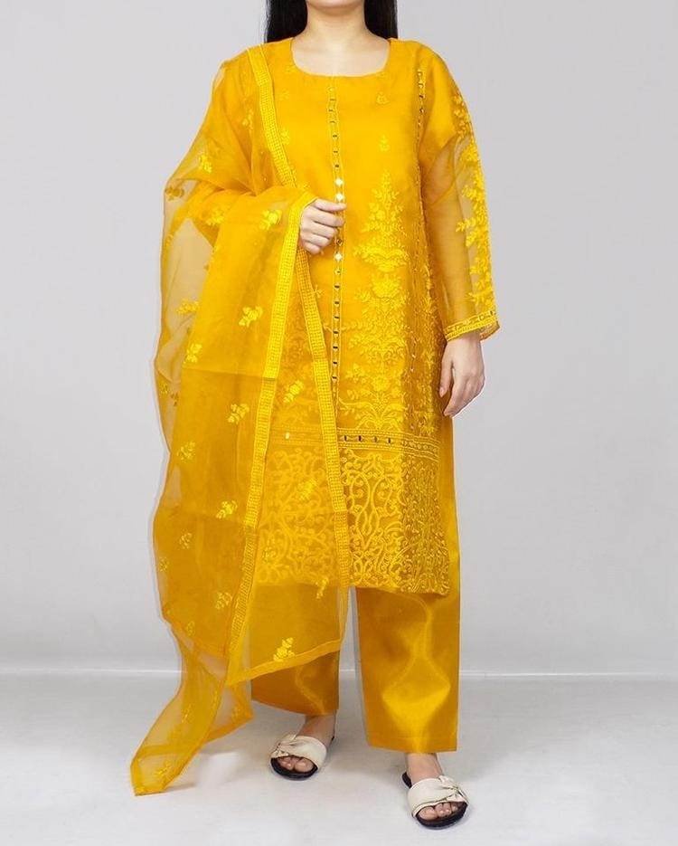 Women Stitched Organza Mirror Work Embroidered Suit