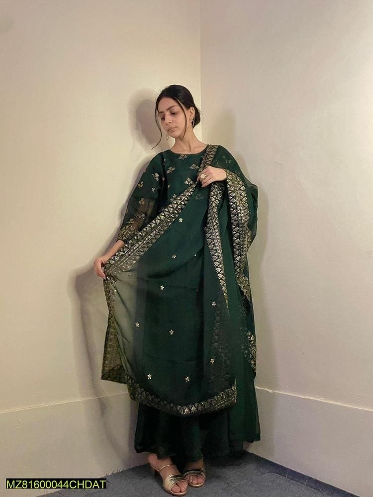 3 Pcs Women’s Stitched Chiffon Embroidered Maxi