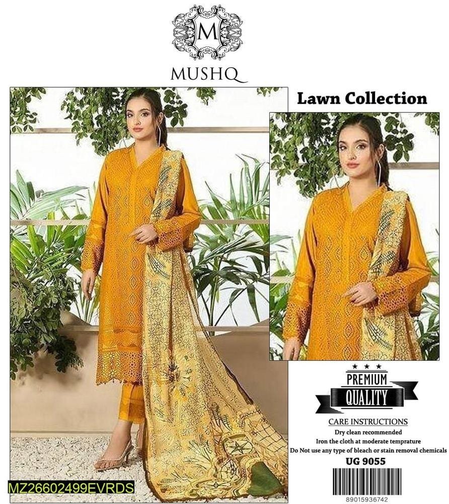 3 Pcs Women Unstitched Lawn Embroidered Suit