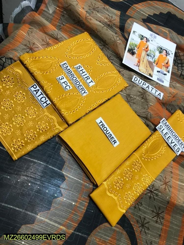 3 Pcs Women Unstitched Lawn Embroidered Suit