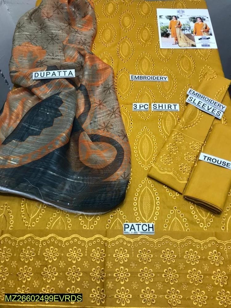 3 Pcs Women Unstitched Lawn Embroidered Suit