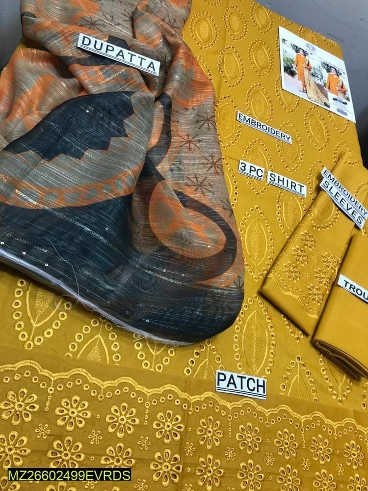 3 Pcs Women Unstitched Lawn Embroidered Suit