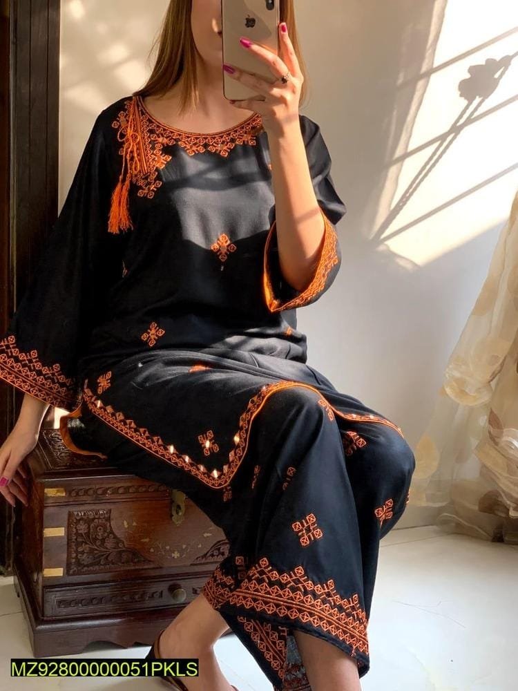 2 Pcs Women Stitched Linen Embroidered Suit