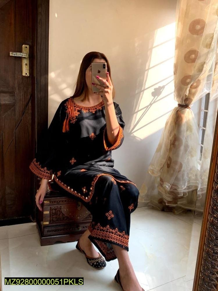 2 Pcs Women Stitched Linen Embroidered Suit