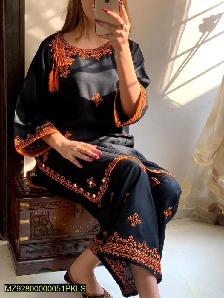 2 Pcs Women Stitched Linen Embroidered Suit